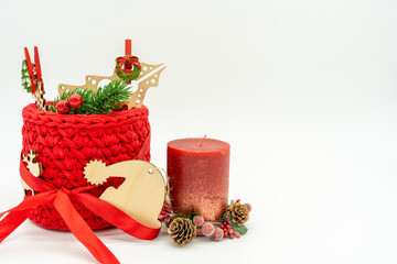 christmas layout with wooden toys, snowflakes, christmas tree, santa claus hat, pine cone, candle, decoration, side