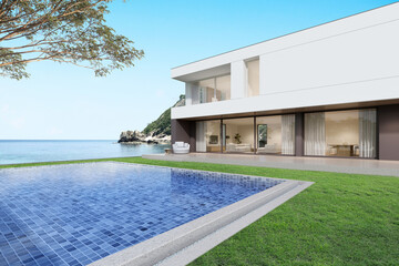 3d rendering of modern luxury house with swimming pool on sea background.