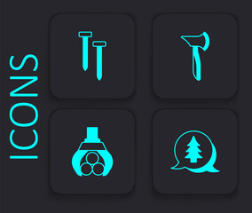 Set Tree, Metallic nails, Wooden axe and Grapple crane grabbed log icon. Black square button. Vector