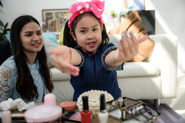 child girl person are make-up by beauty cosmetic, happy childhood lifestyle at home