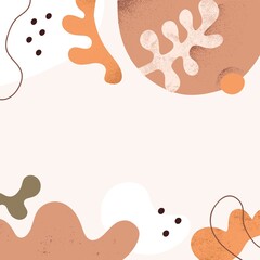 Modern abstract background with trendy geometric shapes and leaves frame. Minimal square card design with natural creative pattern. Fashion minimalistic backdrop template. Flat vector illustration