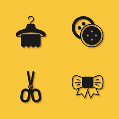 Set Hanger wardrobe, Gift bow, Scissors and Sewing button for clothes icon with long shadow. Vector