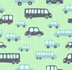 Cute kids vector seamless pattern with hand drawn cars, buses. Various transport for printing on textiles and paper. Illustration for boys about travel and traffic on the roads in the city
