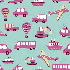 Naklejka premium Cute kids vector seamless pattern with hand drawn airplanes, helicopters, cars, buses, ships. Various transport for printing on textiles and paper. Illustration for boys about travel and movement