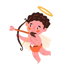 Obraz premium Cupid angel with heart arrows for valentines. Love cherub, cute baby with bow, wings and halo. Saint boy archery. Little kid with nimbus. Colored flat vector illustration isolated on white background