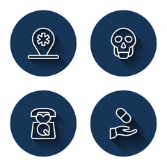 Set line Location hospital, Skull, Emergency call 911 and Medical prescription with long shadow. Blue circle button. Vector
