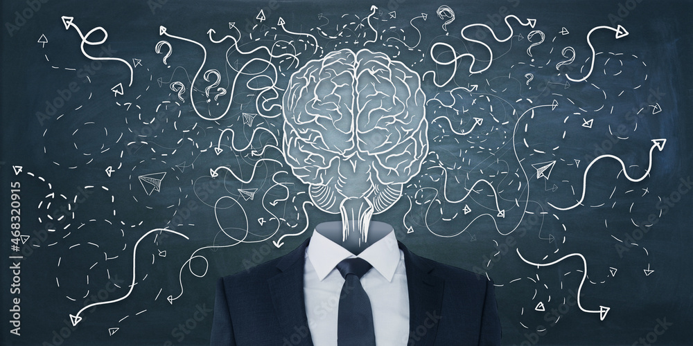 Poster Abstract businessman with brain head on chalkboard wall background with arrows and thought icons sketch. Solution, direction, success and brainstorm concept.