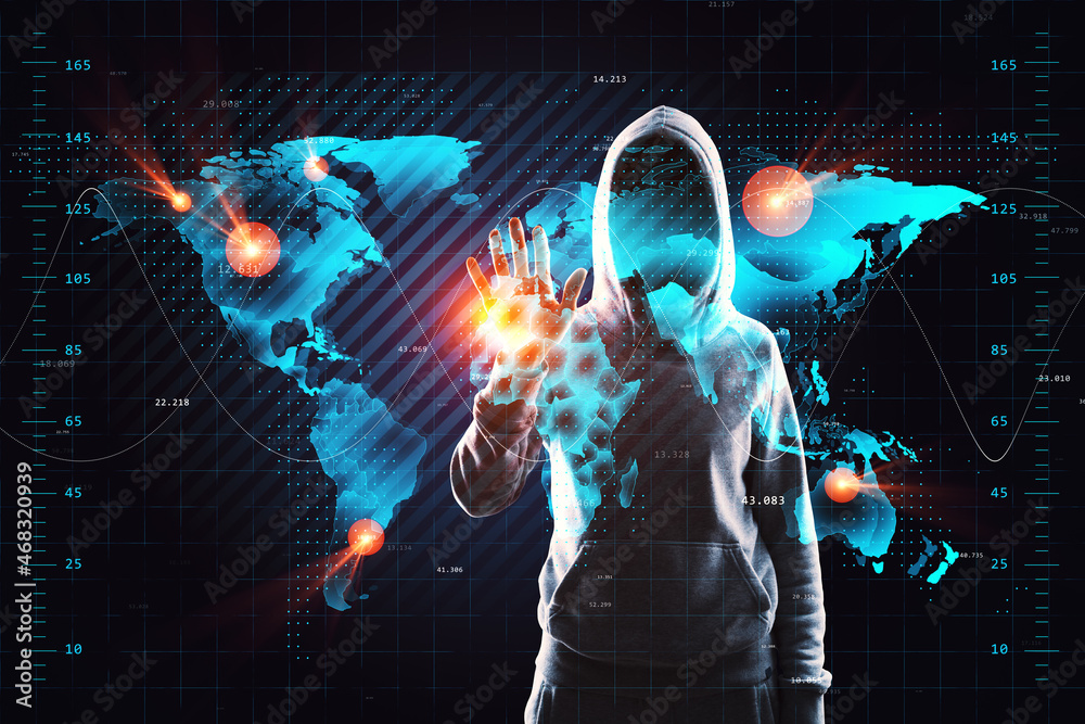 Poster haker using creative glowing map hologram on dark background. technology, hacking, phishing and plan