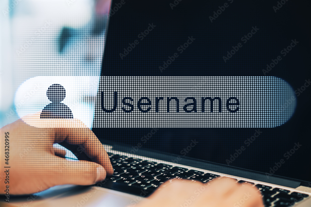 Poster close up of businessman hands using laptop with creative username bar on blurry outdoor background. 