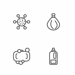 Set line Bottle for detergent, Bar of soap, Bacteria and Garbage bag icon. Vector