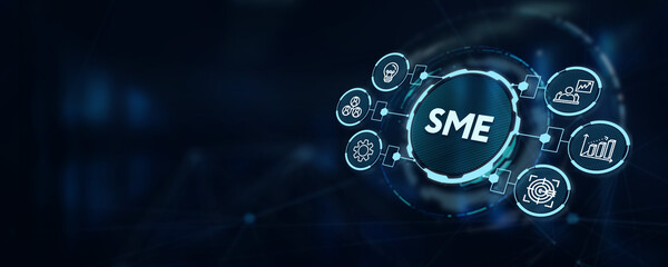 The concept of business, technology, the Internet and the network. virtual screen of the future and sees the inscription: SME. 3d illustration