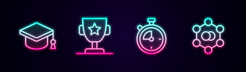 Set line Graduation cap, Award cup, Stopwatch and Molecule. Glowing neon icon. Vector
