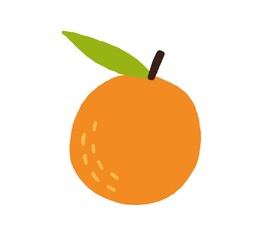 Orange with leaf. Tropical fresh fruit drawn in simple doodle style. Whole exotic citrus icon. Healthy vitamin food. Colored flat vector illustration isolated on white background