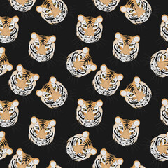 Seamless pattern with tiger head on a black background. Vector graphics