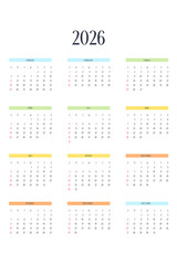 2026 calendar template in classic strict style with multicolor elements. Monthly calendar individual schedule minimalism restrained design for business notebook. Week starts on sunday