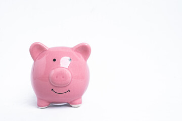 The piggy bank smiling in the white background.