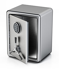 Half open steel safe with digital keypad isolated on white background. 3D illustration