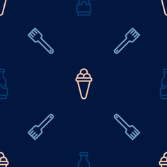 Set line Sauce bottle, Fork and Ice cream in waffle on seamless pattern. Vector