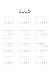 2026 calendar template in classic strict style. Monthly calendar individual schedule minimalism restrained design for business notebook. Week starts on sunday