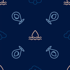 Set line Cloud with rain, Water drop location and on seamless pattern. Vector