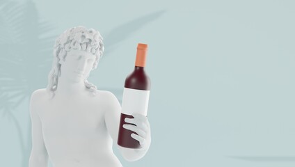 Sculpture of the god of wine Bacchus holding a bottle of wine with a blank wine label.