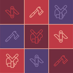 Set line Swiss army knife, Slingshot and Wooden axe icon. Vector