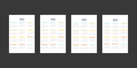 2022 2023 2024 2025 calendar template in classic strict style with multicolor elements. Monthly calendar individual schedule minimalism restrained design for business notebook. Week starts on sunday