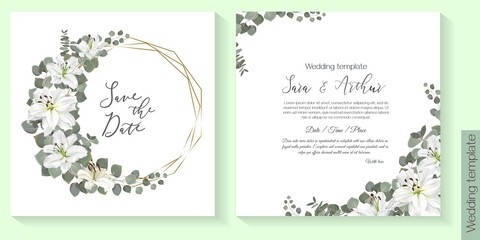 Vector floral template for wedding invitation. White royal lilies, eucalyptus, green plants and leaves. Gold polygonal frame.