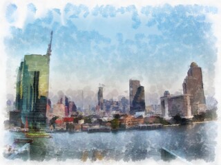 Obraz premium landscape of buildings in the city watercolor style illustration impressionist painting.