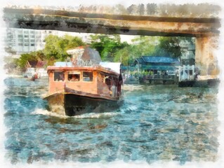 Fototapeta na wymiar city river landscape watercolor style illustration impressionist painting.
