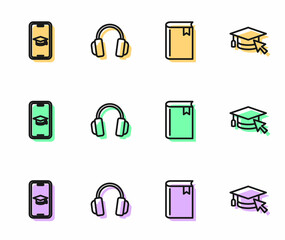 Set line Book, Graduation cap on mobile, Headphones and with cursor icon. Vector