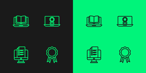 Set line Online education with diploma, quiz, test, survey, class and icon. Vector