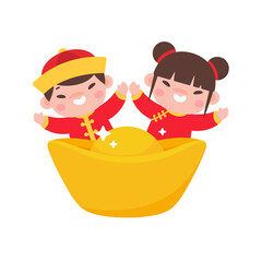 Chinese children wear red national costumes with golden yuan.