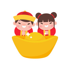 Chinese children wear red national costumes with golden yuan.