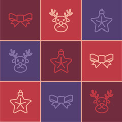 Set line Gift bow, Christmas star and Reindeer icon. Vector