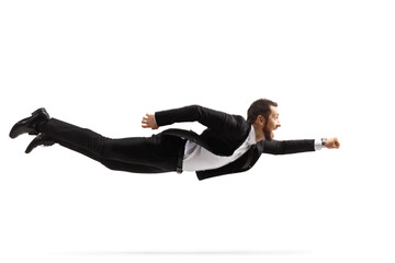 Businessman flying and gesturing with hand