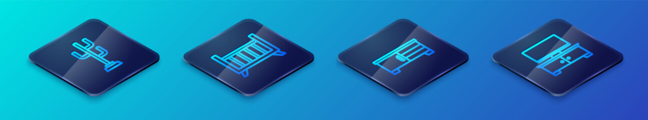 Set Isometric line TV table stand, Coat, and Baby crib cradle bed icon. Vector