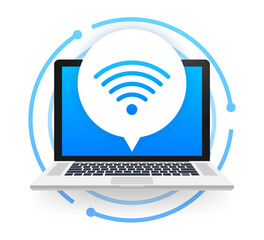 Wireless technology. Wifi internet connection on laptop screen. Vector stock illustration.