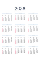 2026 calendar template in classic strict style with type written font. Monthly calendar individual schedule minimalism restrained design for business notebook. Week starts on sunday