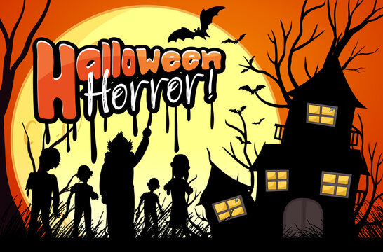 Halloween poster with with haunted house and zombies silhouette