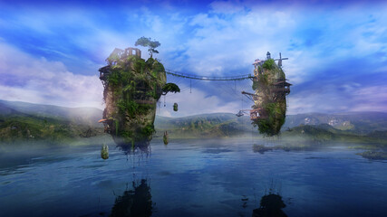 Fantastic landscape with flying islands and a lake, 3D render. © conceptcafe