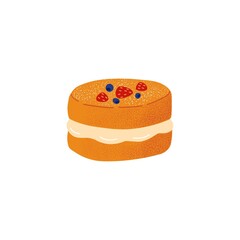 Sweet sandwich cake with sponge layers, vanilla whipped cream filling and strawberries. Victoria dessert with fresh berries and sugar powder. Flat vector illustration isolated on white background