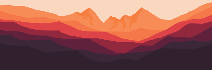 sunset mountain forest  flat design vector illustration for web banner, blog banner, wallpaper, background template, adventure design, tourism poster design, backdrop design