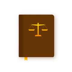 Justice scales and wood judge gavel. Wooden hammer with law code books. Vector stock illustration.