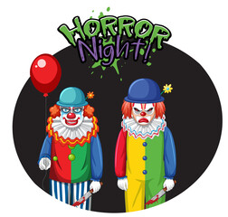 Horror Night badge with two creepy clowns