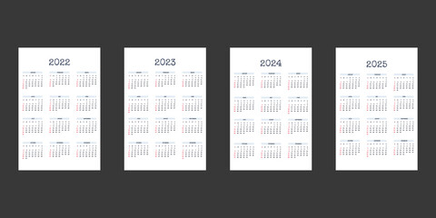 2022 2023 2024 2025 calendar template in classic strict style with type written font. Monthly calendar individual schedule minimalism restrained design for business notebook. Week starts on sunday