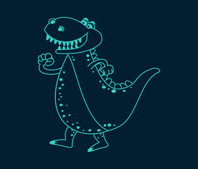 Blue dinosaur crocodile with big teeth on dark poster background 