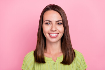 Photo of young cheerful lady good mood shirt top peaceful whitening teeth isolated over pink color background