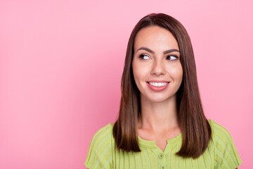 Fototapeta premium Photo of young lovely girl interested thoughtful minded hmm creative idea look empty space isolated over pink color background