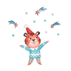 Watercolor character - cute tiger in christmas cap and sweater, happy with shooting stars and confetti. New year illustration isolated on a white background.